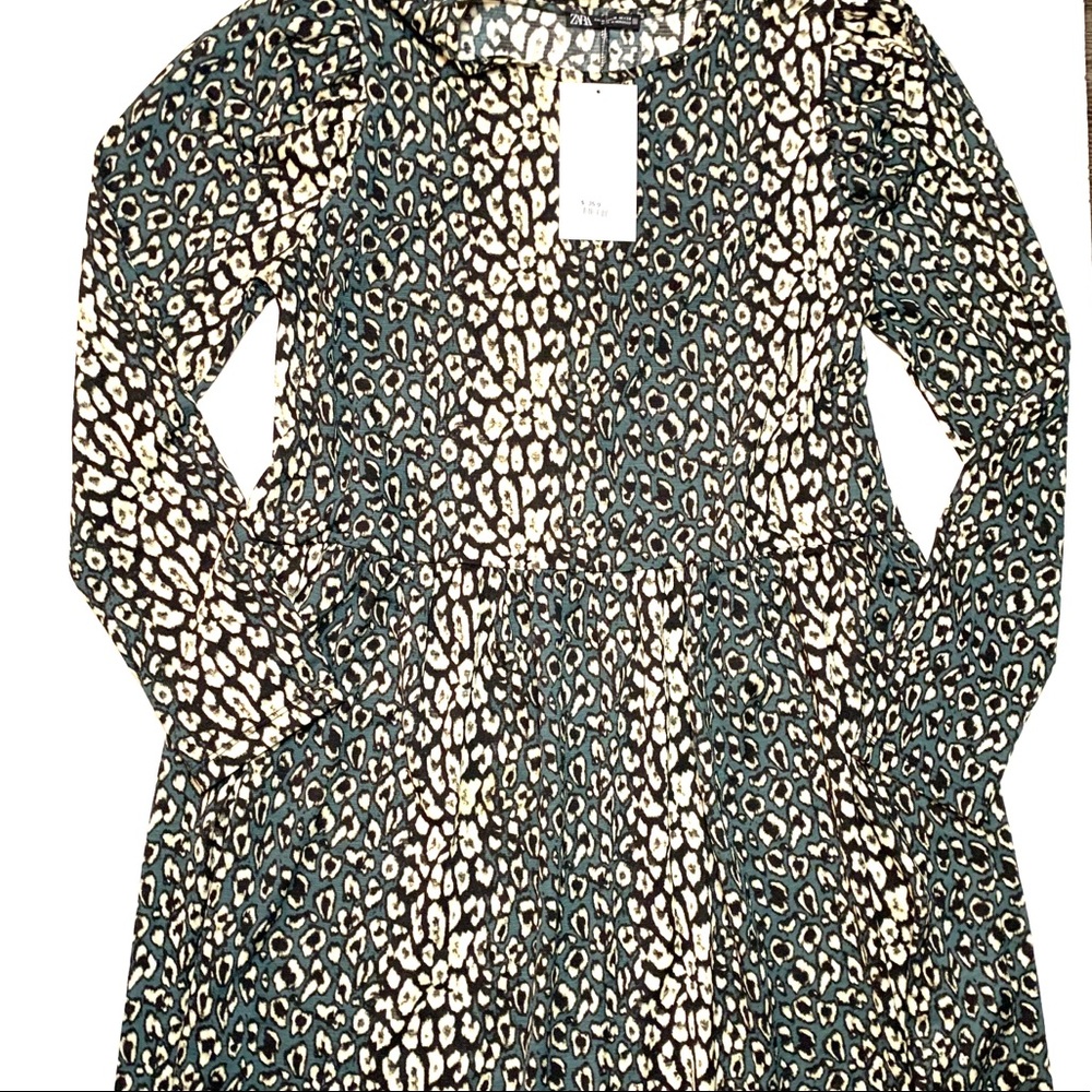Zara Teal and Cream Animal Print Midi Dress